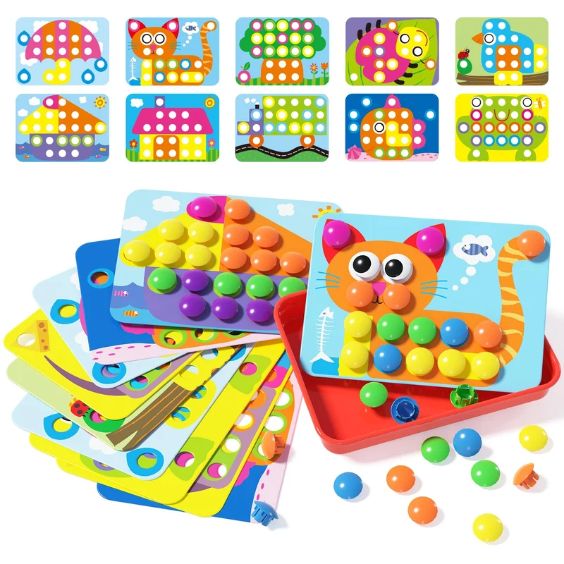 AMOSTING gioco chiodini per bambini 2, 3 anni, gioco di abbinamento colorato, giocattoli prima infanzia, puzzle regalo di compleanno per bambino-10 carte e 46 pulsanti