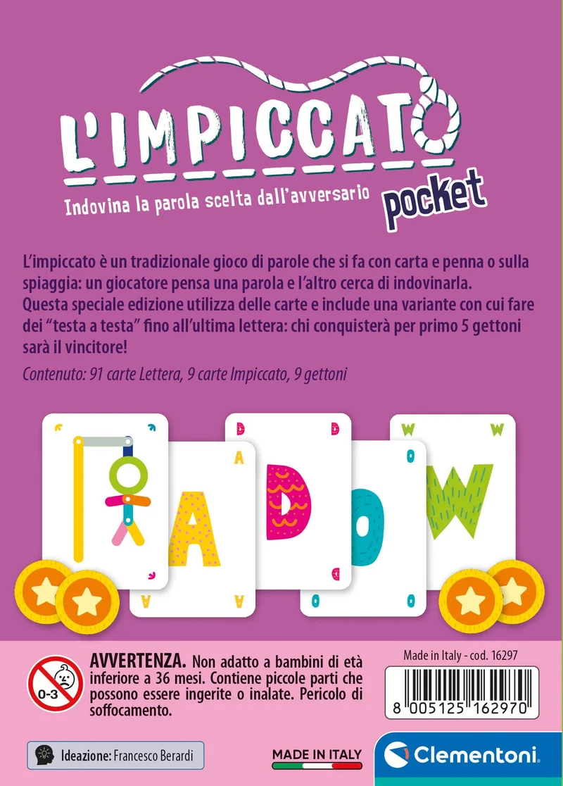 Clementoni - L'Impiccato Versione Tascabile, Mazzo di 100 Carte, per Bambini 6+ Anni e Adulti, Gioco da Tavolo in Formato da Viaggio, 2 Giocatori, Idea Regalo, Made in Italy, Lingua Italiana, 16297