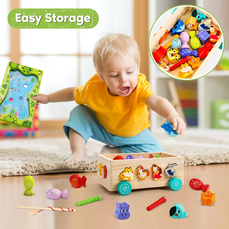Seagoal Giochi Montessori 2 Anni | 6 in 1 Magnetici di Pesca in Legno Abilità Motorie Giocattoli Educativi | Compleanno Regalo per 2 3 4 Anni Bambini Ragazzi