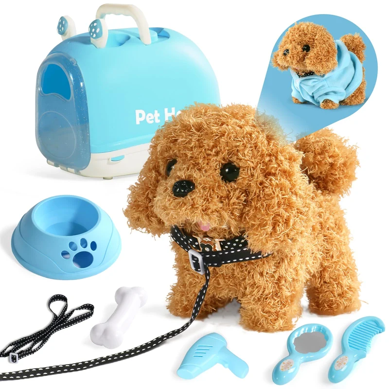 Nuheby Elettronico Cane Giocattolo che Cammina e Abbaia, Peluche Cane Robot con Cassa, Guinzaglio e Mantello, Cagnolino che Abbaia e Cammina, Animali Giocattolo per Bambini Giochi Bambini 2 3 4 5 Anni