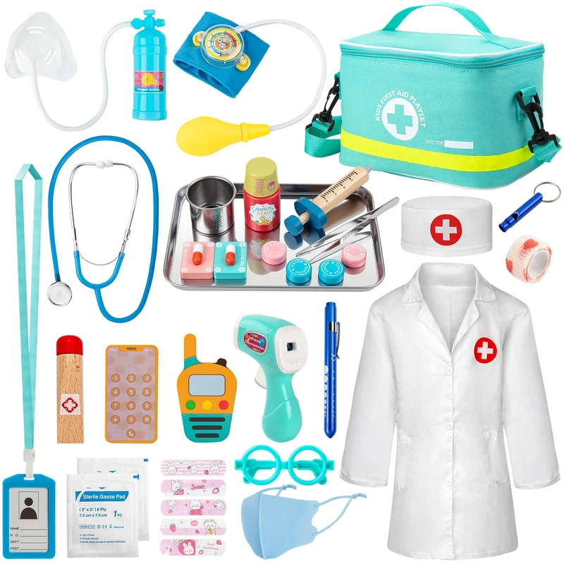 Sundaymot Valigetta Dottore Bambini, kit Dottoressa Bambina, con Vero stetoscopio, termometro, camice da medico e borsa da medico portatile, Gioco di Ruolo per Ragazze e Ragazzi di 3, 4, 5 Anni