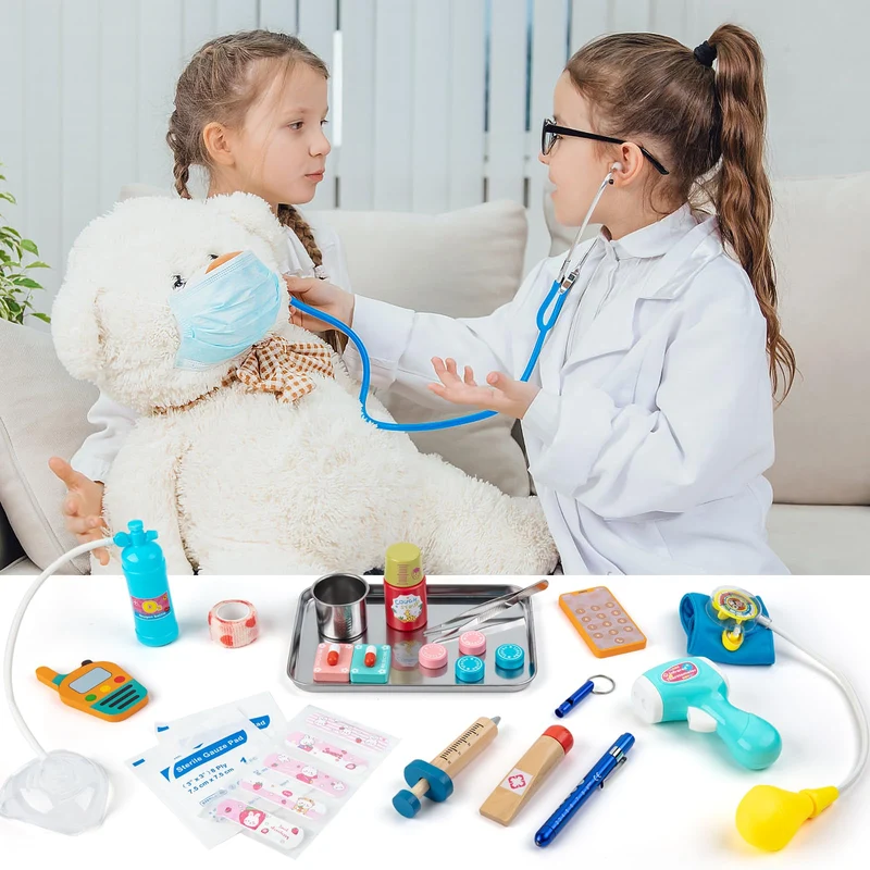 Sundaymot Valigetta Dottore Bambini, kit Dottoressa Bambina, con Vero stetoscopio, termometro, camice da medico e borsa da medico portatile, Gioco di Ruolo per Ragazze e Ragazzi di 3, 4, 5 Anni