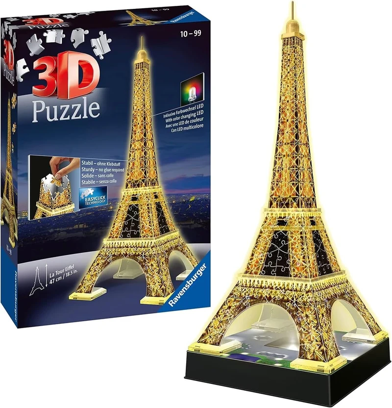 Ravensburger - Puzzle 3D, Tour Eiffel Night Edition con Luce, Parigi, per Adulti e Bambini 10+ Anni, Idea Regalo, 226 Pezzi