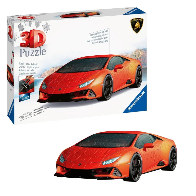 Ravensburger - Puzzle 3D, Lamborghini Huracán Evo Arancione, per Adulti e Bambini 8+ Anni, Idea Regalo, Modellismo Auto, 156 Pezzi, 32 accessori