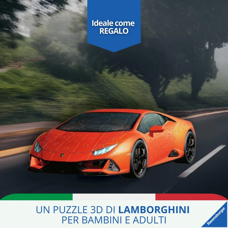 Ravensburger - Puzzle 3D, Lamborghini Huracán Evo Arancione, per Adulti e Bambini 8+ Anni, Idea Regalo, Modellismo Auto, 156 Pezzi, 32 accessori
