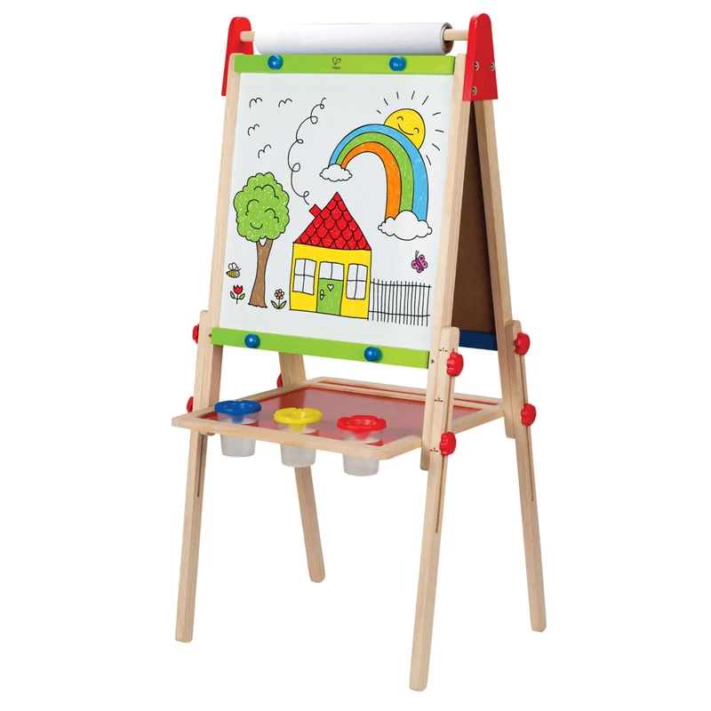 Hape Lavagna Multiattività, Lavagna per Bambini Double Face Vincitrice di Premi con Cavalletto e Supporto Regolabile in Altezza, Rullo di Carta, Lavagna Bianca, Calamite e Tre Vasetti di Pittura
