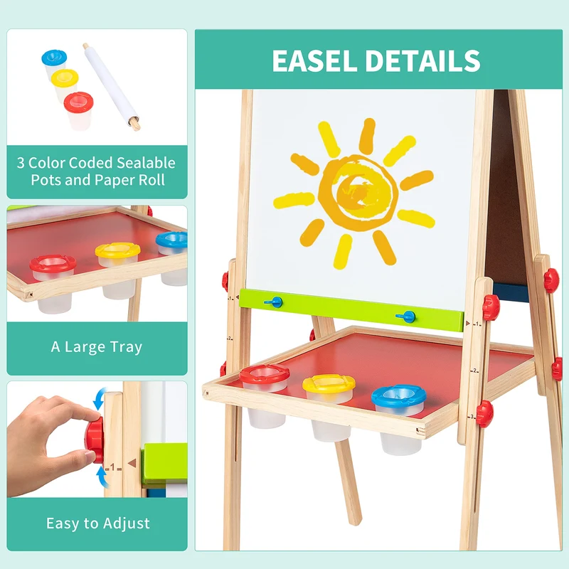 Hape Lavagna Multiattività, Lavagna per Bambini Double Face Vincitrice di Premi con Cavalletto e Supporto Regolabile in Altezza, Rullo di Carta, Lavagna Bianca, Calamite e Tre Vasetti di Pittura