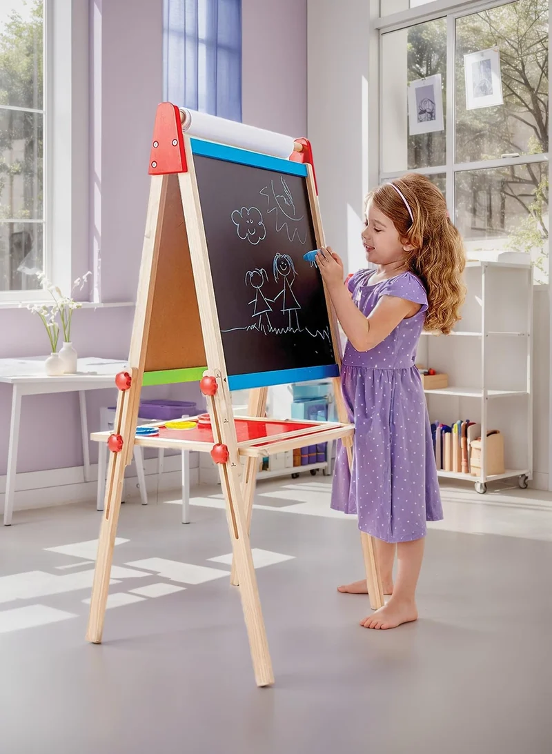 Hape Lavagna Multiattività, Lavagna per Bambini Double Face Vincitrice di Premi con Cavalletto e Supporto Regolabile in Altezza, Rullo di Carta, Lavagna Bianca, Calamite e Tre Vasetti di Pittura