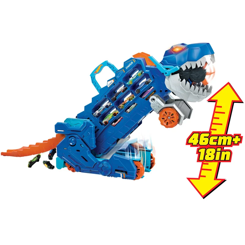 Hot Wheels City 'Let's Race' Netflix - Mega Dino Trasportatore, pista da corsa che si trasforma in un T-Rex, playset con luci e suoni, box per riporre 20 macchinine in scala 1:64, 4+ anni, HNG50