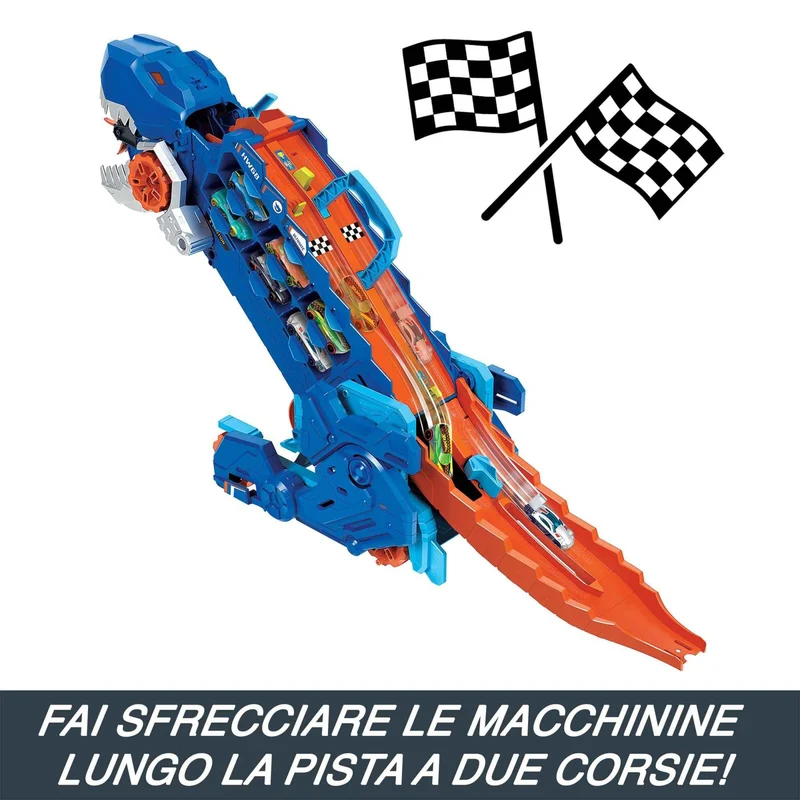 Hot Wheels City 'Let's Race' Netflix - Mega Dino Trasportatore, pista da corsa che si trasforma in un T-Rex, playset con luci e suoni, box per riporre 20 macchinine in scala 1:64, 4+ anni, HNG50