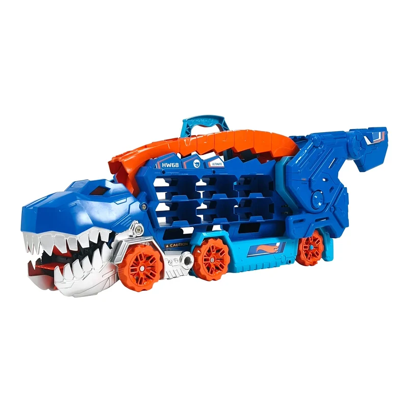 Hot Wheels City 'Let's Race' Netflix - Mega Dino Trasportatore, pista da corsa che si trasforma in un T-Rex, playset con luci e suoni, box per riporre 20 macchinine in scala 1:64, 4+ anni, HNG50