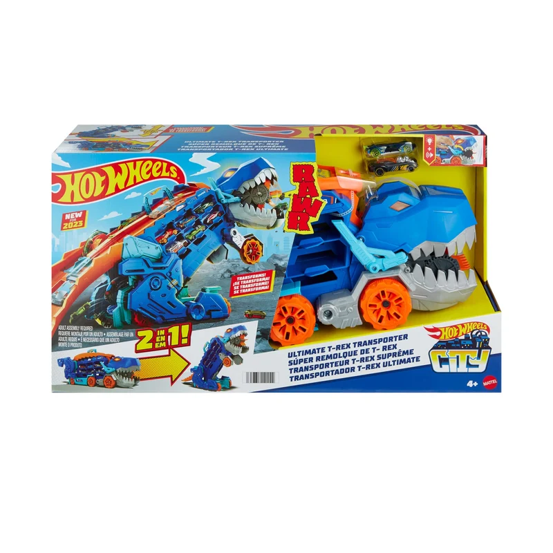 Hot Wheels City 'Let's Race' Netflix - Mega Dino Trasportatore, pista da corsa che si trasforma in un T-Rex, playset con luci e suoni, box per riporre 20 macchinine in scala 1:64, 4+ anni, HNG50
