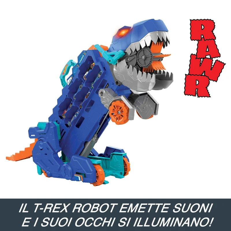 Hot Wheels City 'Let's Race' Netflix - Mega Dino Trasportatore, pista da corsa che si trasforma in un T-Rex, playset con luci e suoni, box per riporre 20 macchinine in scala 1:64, 4+ anni, HNG50