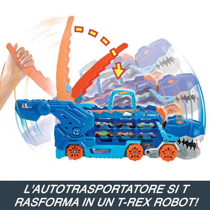 Hot Wheels City 'Let's Race' Netflix - Mega Dino Trasportatore, pista da corsa che si trasforma in un T-Rex, playset con luci e suoni, box per riporre 20 macchinine in scala 1:64, 4+ anni, HNG50
