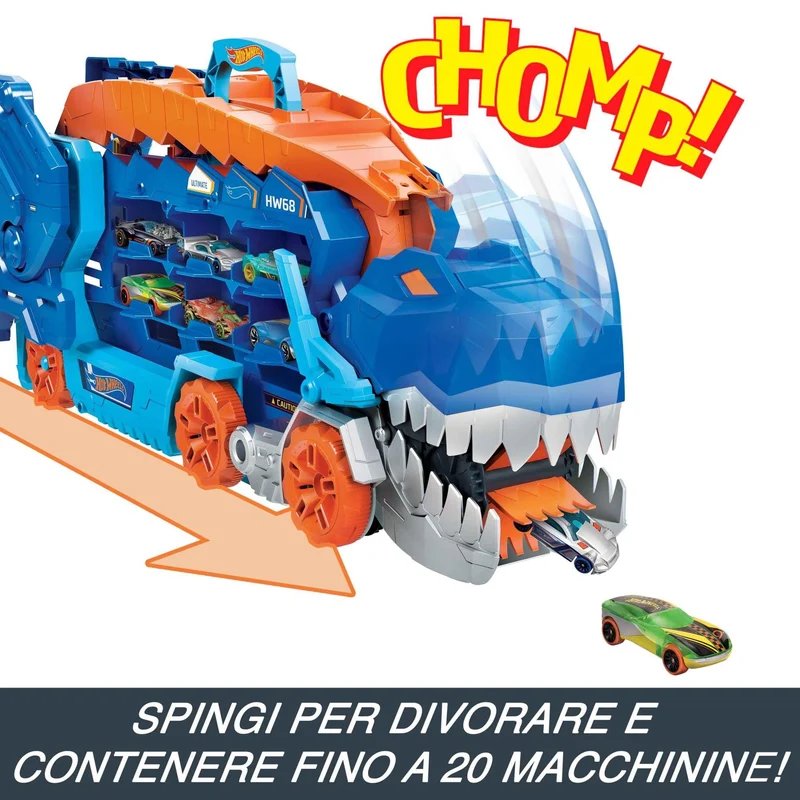 Hot Wheels City 'Let's Race' Netflix - Mega Dino Trasportatore, pista da corsa che si trasforma in un T-Rex, playset con luci e suoni, box per riporre 20 macchinine in scala 1:64, 4+ anni, HNG50