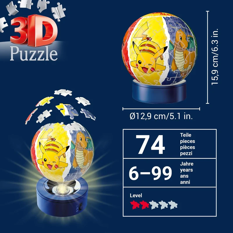 Ravensburger - 3D Puzzle Nightlamp Pokemon, Night Lamp, 72 Pezzi, 6+ Anni