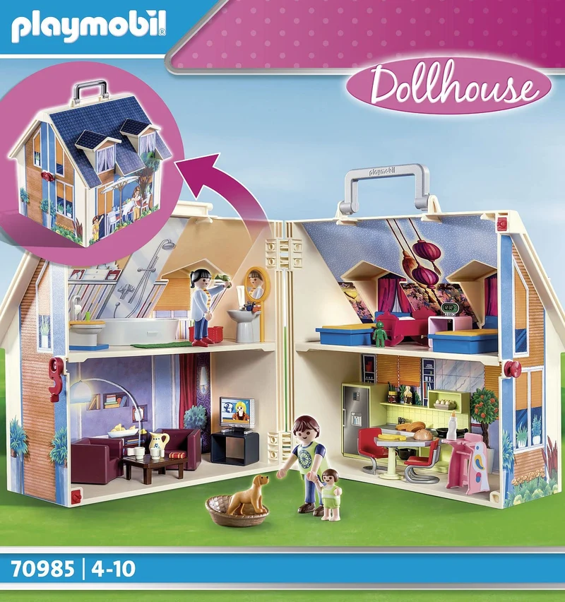 PLAYMOBIL Casa delle Bambole Portatile 70985 con Maniglia per Il Trasporto, Pieghevole, Giocattoli per Bambini dai 4 Anni