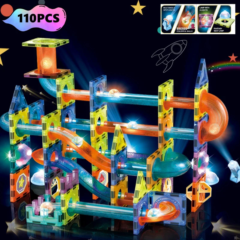 BINZKBB Deluxe 110 Pezzi Set Costruzioni Magnetiche per Bambini - Gioco Blocchi Magnetico Luminescente - Gioco Educativo STEM e Creativo per ragazzi e ragazze - Età 5 6 7 8 10+ Anni Ottima Idea Regalo