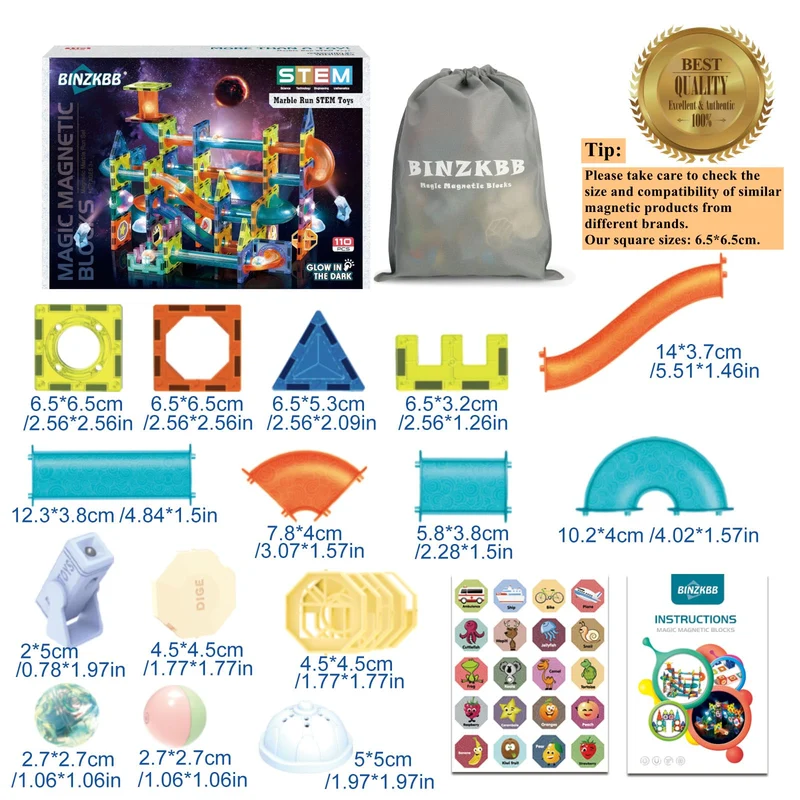 BINZKBB Deluxe 110 Pezzi Set Costruzioni Magnetiche per Bambini - Gioco Blocchi Magnetico Luminescente - Gioco Educativo STEM e Creativo per ragazzi e ragazze - Età 5 6 7 8 10+ Anni Ottima Idea Regalo