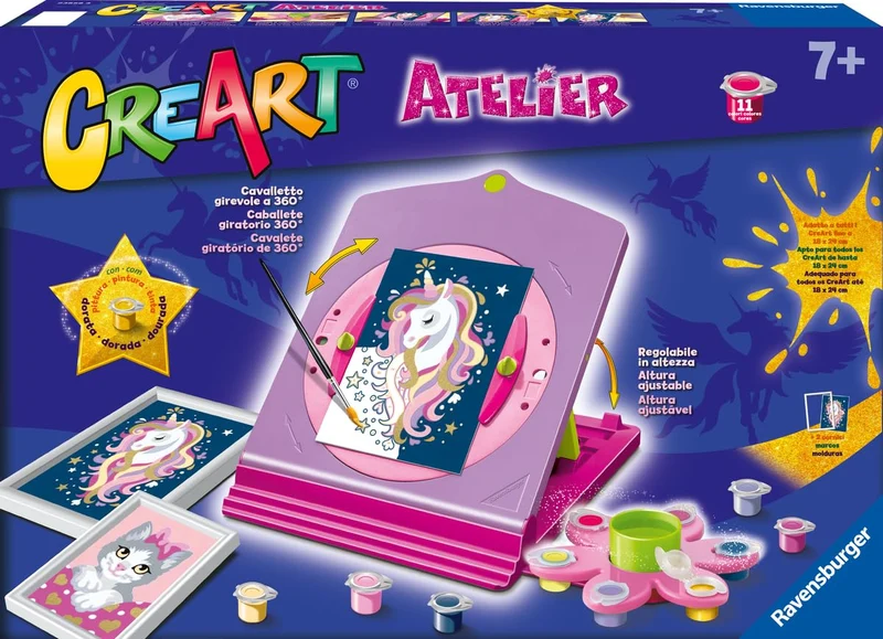 Ravensburger - CreArt Il Mio Fantastico Atelier, Dipingere con i Numeri, Kit Pittura Bambini, Gioco Educativo 7+ Anni, Tema Unicorni, con Cavalletto Regolabile, 18x24 cm