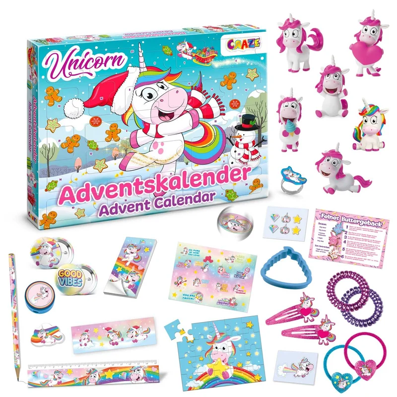 CRAZE Calendario Avvento 2022 bambini, Sorpresa UNICORN, calendario di unicorno di Natale per i bambini, sorprese per bambini, diversi accessori per bambina, 33388