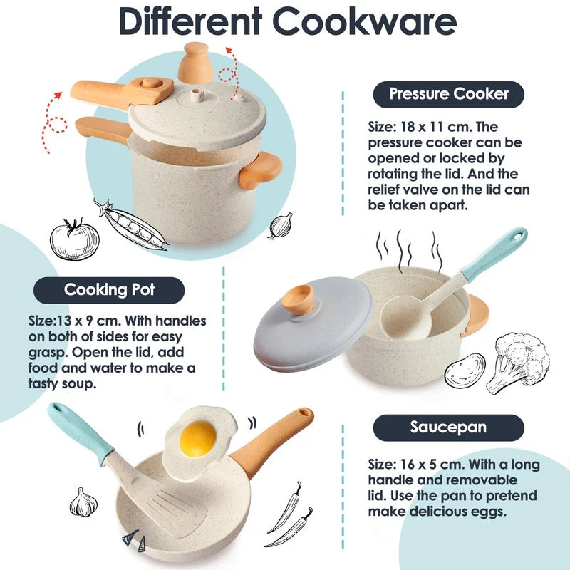 BUYGER Set Giocattoli da Cucina per Bambini, Pentole e Padelle Giocattolo Accessori Cucina Bambini, Pentolini Giochi di Ruolo Cucina per Bambini 3 + Anni