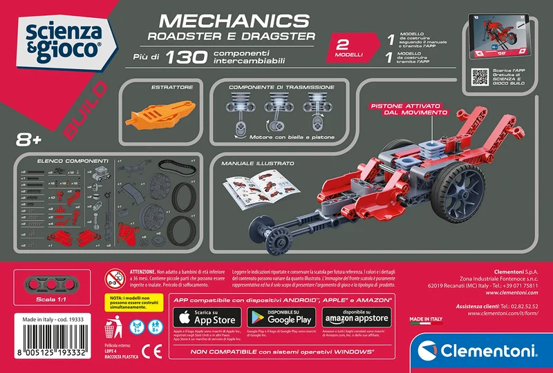 Clementoni Scienza e Gioco Build - Roadster e Dragster, Set di Costruzioni Bambini di 8+ Anni, Modellini Auto da Corsa per Scoprire Meccanica e Ingegneria, Made in Italy, Lingua Italiana, 19333