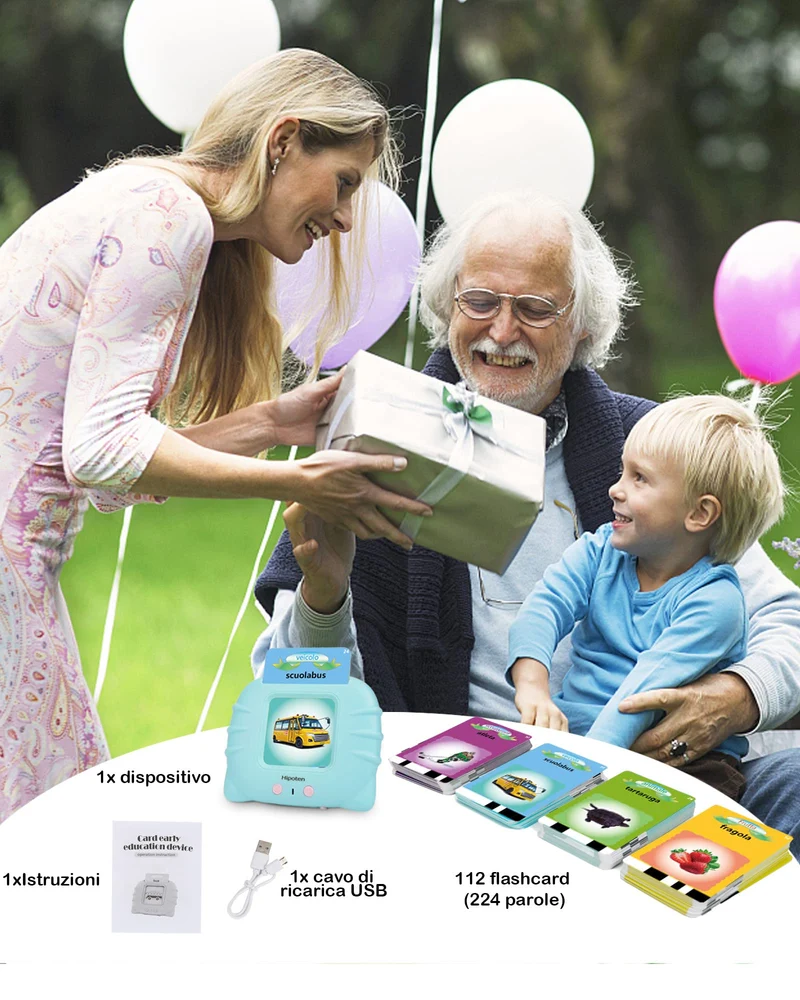 Schede Flash Cards Parlanti,Giocattoli di Apprendimento per Bambini dai 1 - 12 Anni, Educativi Prescolari da Ascoltare e Imparare di Base 224 Parole(Blu italiano)