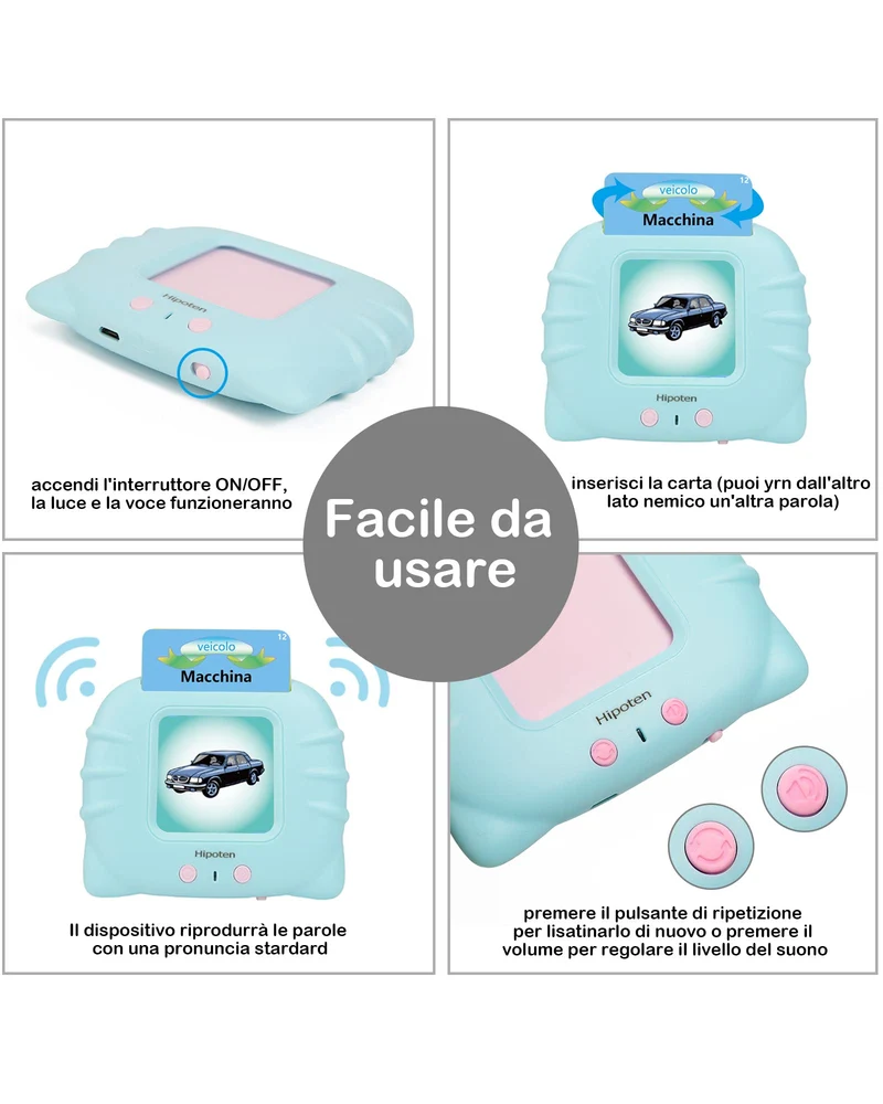 Schede Flash Cards Parlanti,Giocattoli di Apprendimento per Bambini dai 1 - 12 Anni, Educativi Prescolari da Ascoltare e Imparare di Base 224 Parole(Blu italiano)
