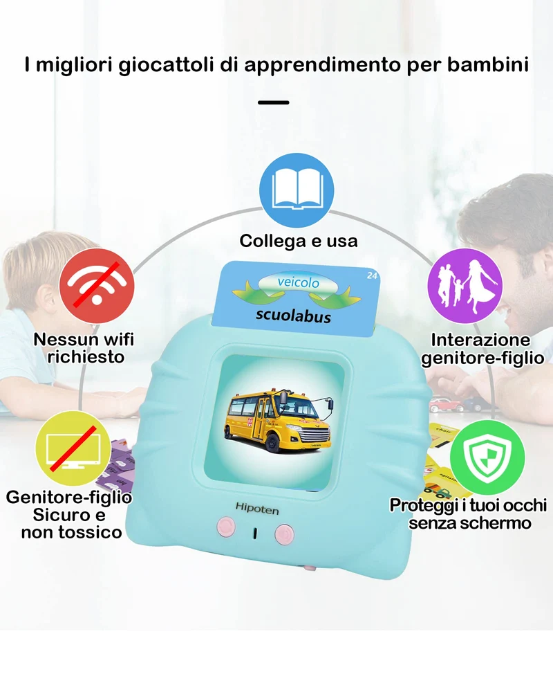 Schede Flash Cards Parlanti,Giocattoli di Apprendimento per Bambini dai 1 - 12 Anni, Educativi Prescolari da Ascoltare e Imparare di Base 224 Parole(Blu italiano)