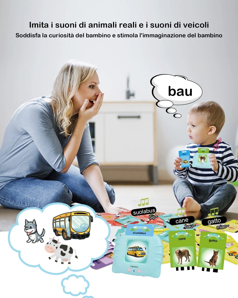 Schede Flash Cards Parlanti,Giocattoli di Apprendimento per Bambini dai 1 - 12 Anni, Educativi Prescolari da Ascoltare e Imparare di Base 224 Parole(Blu italiano)