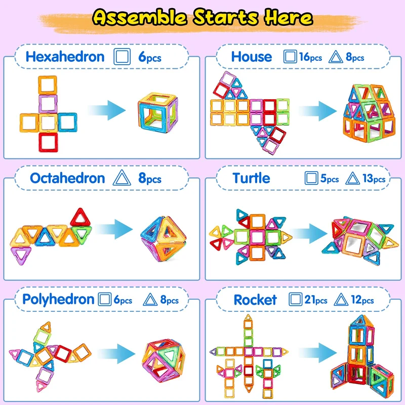GLADTOP 52 Pezzi Costruzioni Magnetiche per Bambini, Giochi Bimbo 2 3 4 5 6 anni, Magneti Giocattoli Educativi Mattoncini