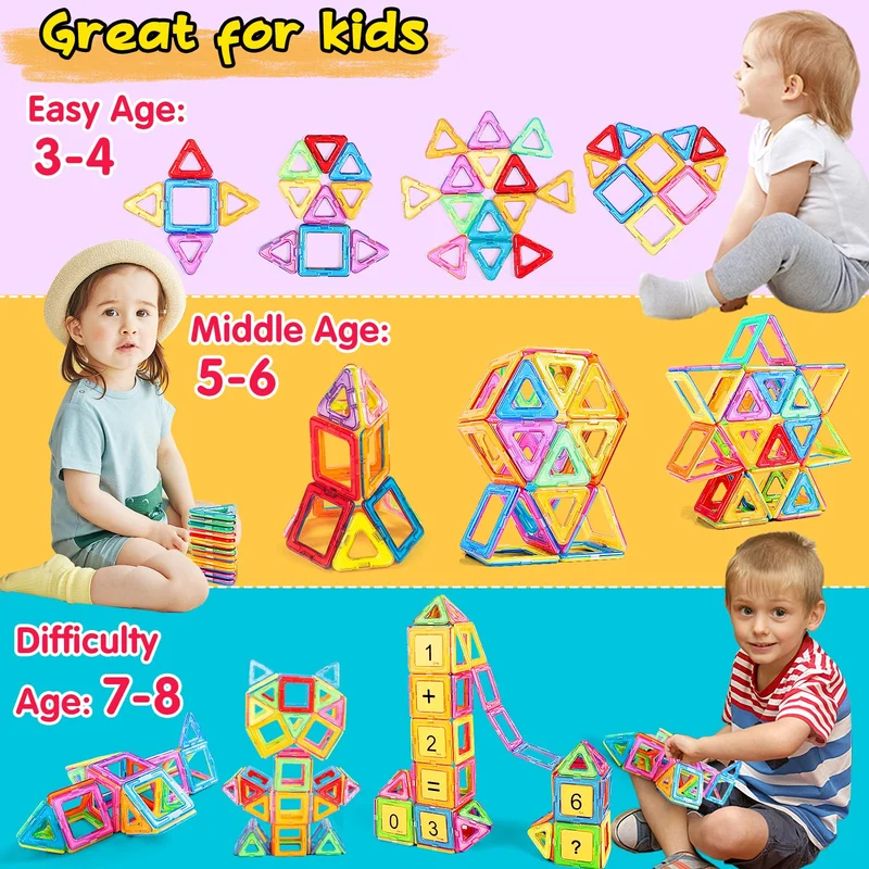 GLADTOP 52 Pezzi Costruzioni Magnetiche per Bambini, Giochi Bimbo 2 3 4 5 6 anni, Magneti Giocattoli Educativi Mattoncini