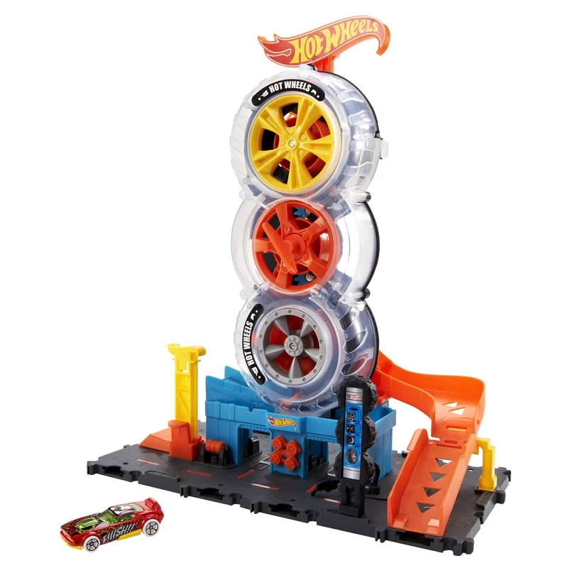 Hot Wheels City Pneumatici Super velocità, Playset Rampa per Macchinine tra Ruote in Autofficina, Include 1 Macchinina, Regalo Bambini 4-8 Anni, Hdp02, Multicolore, ‎17.46 x 34.93 x 40 cm