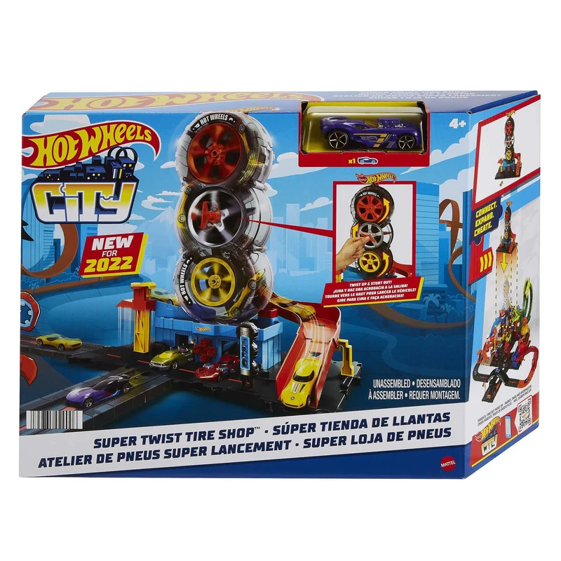 Hot Wheels City Pneumatici Super velocità, Playset Rampa per Macchinine tra Ruote in Autofficina, Include 1 Macchinina, Regalo Bambini 4-8 Anni, Hdp02, Multicolore, ‎17.46 x 34.93 x 40 cm