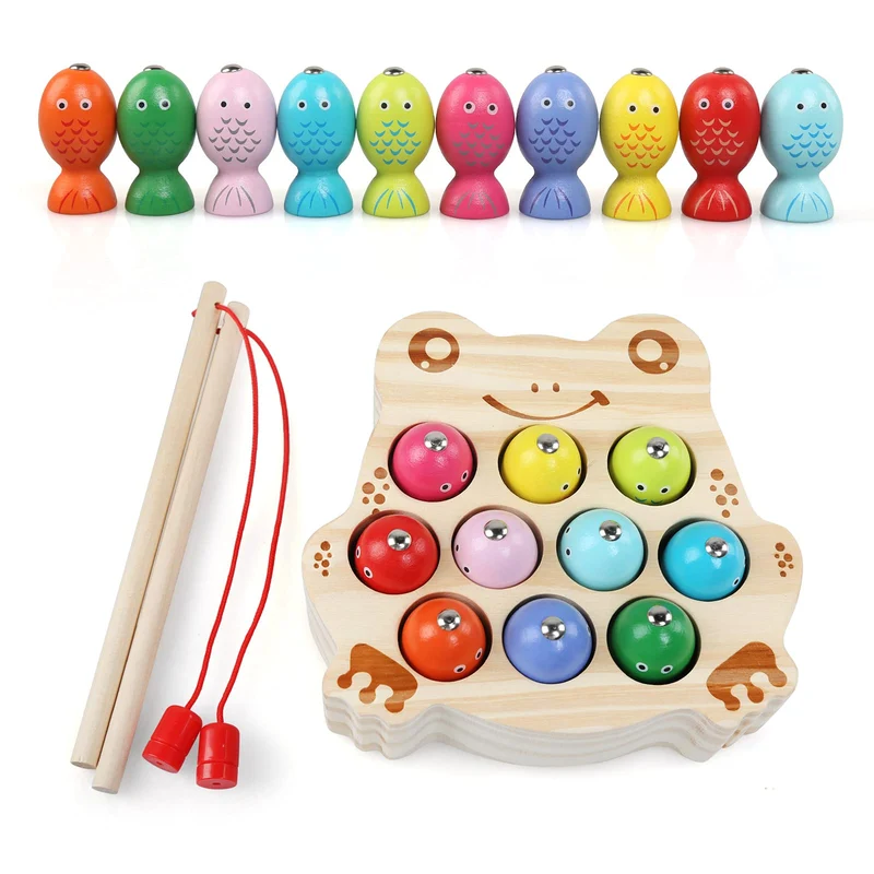 LinStyle Giochi Bambini 3 Anni, Giochi di Pesca, Giochi Montessori Magnetici di Pesca in Legno mit 10 Pesci e Due Canne da Pesca, Regalo Bambino per 3 4 5 6 Anni