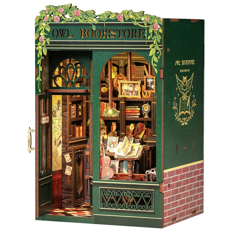 CUTEBEE Book Nook - Kit fai da te in miniatura, casa delle bambole in miniatura, casa delle bambole fai da te, con protezione antipolvere e luce LED, kit di costruzione per adulti (gufo Bookstore)