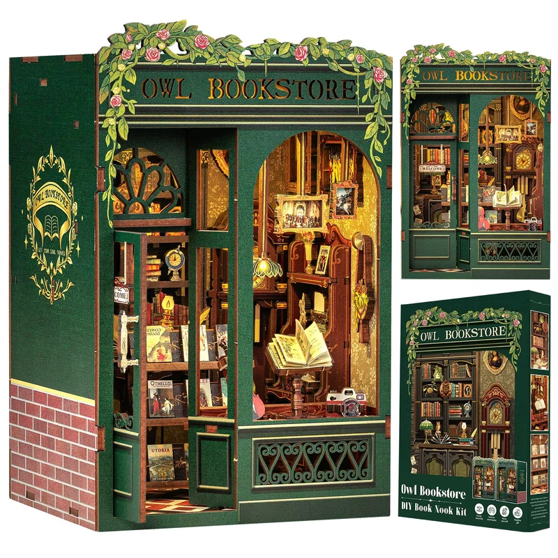 CUTEBEE Book Nook - Kit fai da te in miniatura, casa delle bambole in miniatura, casa delle bambole fai da te, con protezione antipolvere e luce LED, kit di costruzione per adulti (gufo Bookstore)