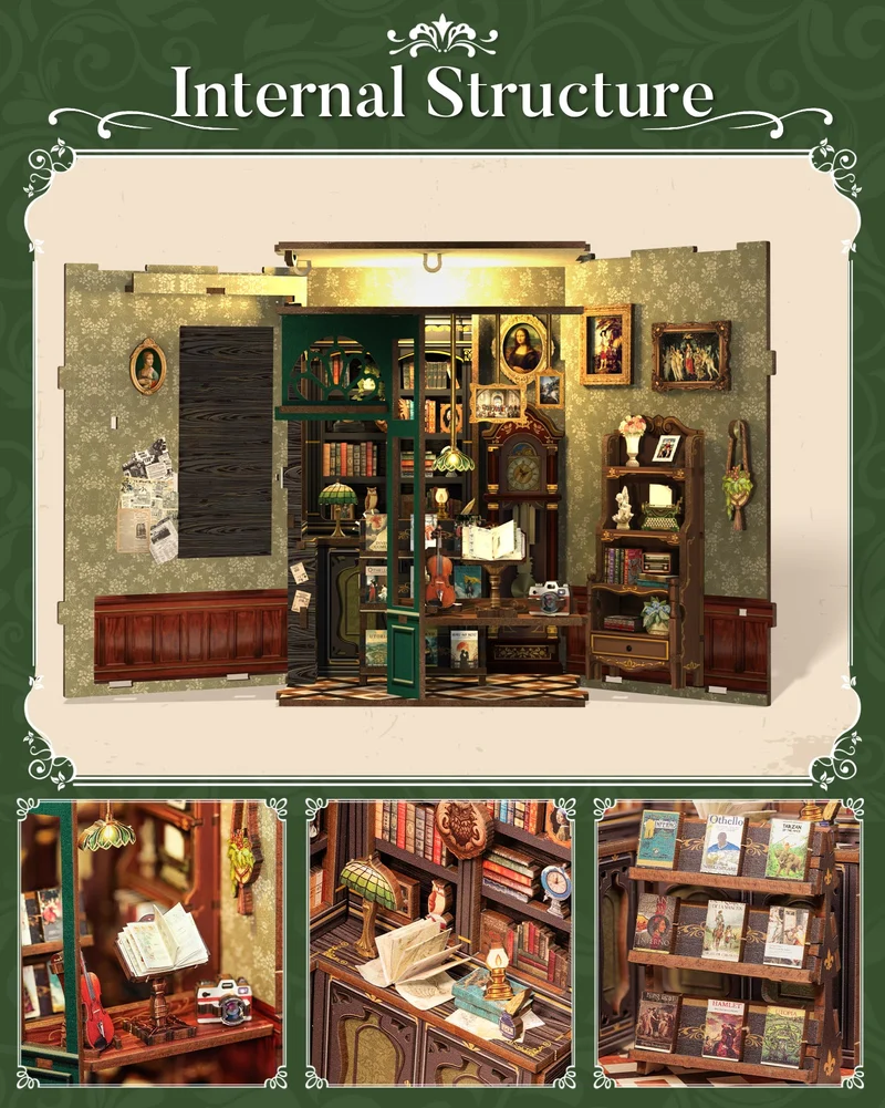 CUTEBEE Book Nook - Kit fai da te in miniatura, casa delle bambole in miniatura, casa delle bambole fai da te, con protezione antipolvere e luce LED, kit di costruzione per adulti (gufo Bookstore)