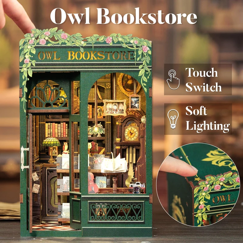 CUTEBEE Book Nook - Kit fai da te in miniatura, casa delle bambole in miniatura, casa delle bambole fai da te, con protezione antipolvere e luce LED, kit di costruzione per adulti (gufo Bookstore)