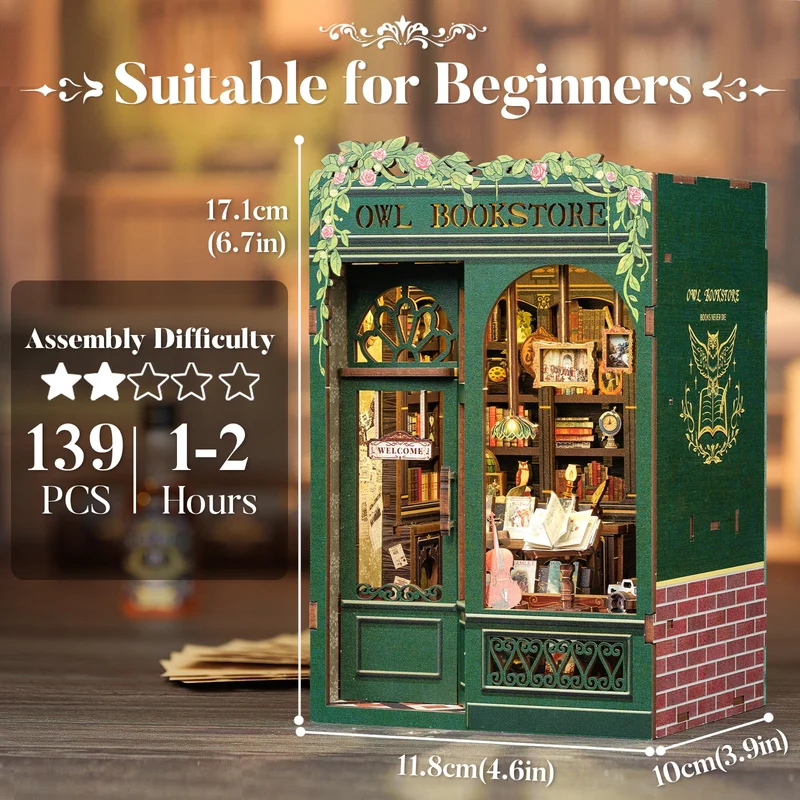CUTEBEE Book Nook - Kit fai da te in miniatura, casa delle bambole in miniatura, casa delle bambole fai da te, con protezione antipolvere e luce LED, kit di costruzione per adulti (gufo Bookstore)