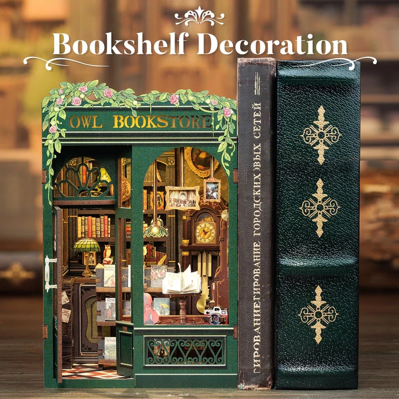 CUTEBEE Book Nook - Kit fai da te in miniatura, casa delle bambole in miniatura, casa delle bambole fai da te, con protezione antipolvere e luce LED, kit di costruzione per adulti (gufo Bookstore)