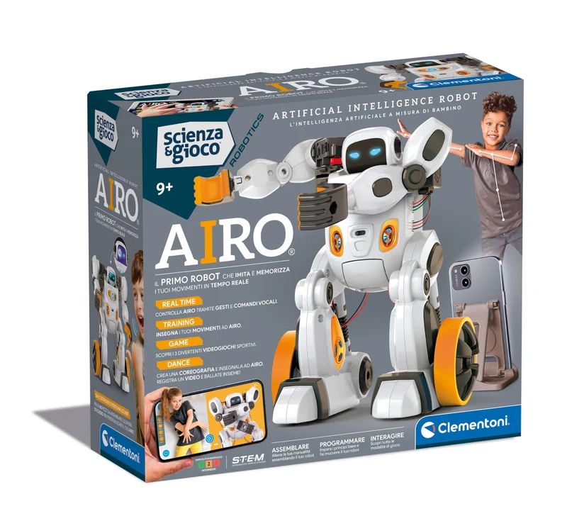 Clementoni Scienza e Gioco Robotics - AIRO, Robot da Assemblare, Bambini 9+ Anni, con App Dedicata e Tecnologia AI, Imita Movimenti con l'Intelligenza Artificiale, 6 Motori, Lingua Italiana, 19317