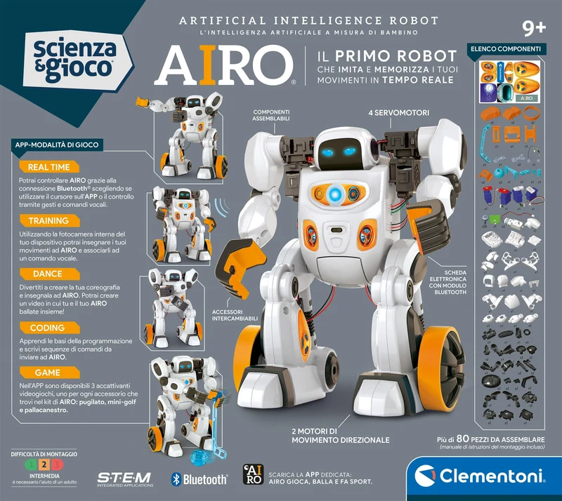 Clementoni Scienza e Gioco Robotics - AIRO, Robot da Assemblare, Bambini 9+ Anni, con App Dedicata e Tecnologia AI, Imita Movimenti con l'Intelligenza Artificiale, 6 Motori, Lingua Italiana, 19317