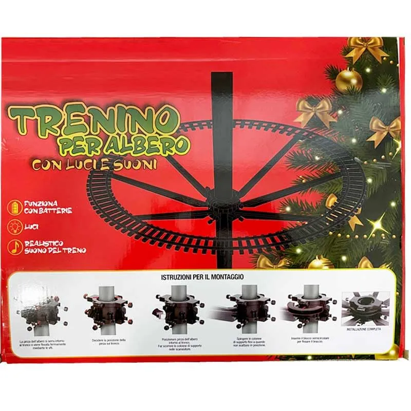 PARTENOPE Trenino Natalizio con Supporto Installazione per Centro Albero di Natale Treno Elettrico 2 Vagoni + Slitta Babbo Natale con Luci e Suoni Decorazioni Natalizie Diametro Pista 89 cm