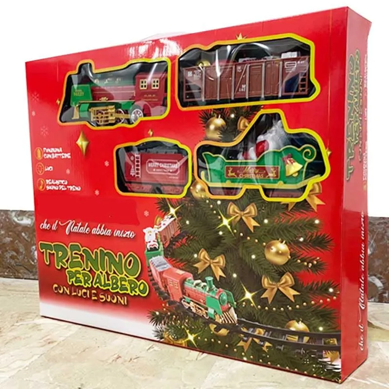 PARTENOPE Trenino Natalizio con Supporto Installazione per Centro Albero di Natale Treno Elettrico 2 Vagoni + Slitta Babbo Natale con Luci e Suoni Decorazioni Natalizie Diametro Pista 89 cm