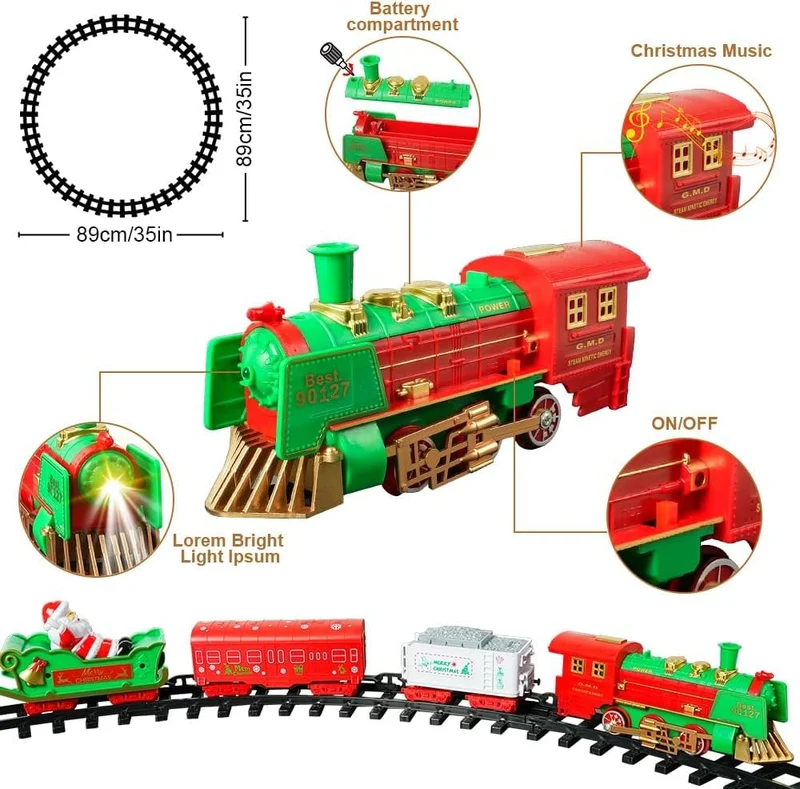 PARTENOPE Trenino Natalizio con Supporto Installazione per Centro Albero di Natale Treno Elettrico 2 Vagoni + Slitta Babbo Natale con Luci e Suoni Decorazioni Natalizie Diametro Pista 89 cm