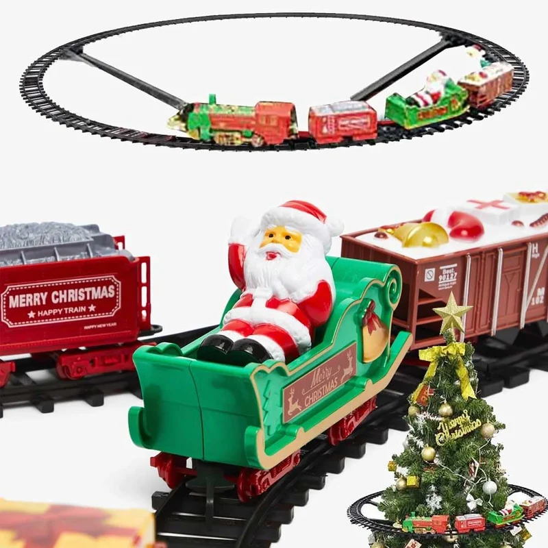 PARTENOPE Trenino Natalizio con Supporto Installazione per Centro Albero di Natale Treno Elettrico 2 Vagoni + Slitta Babbo Natale con Luci e Suoni Decorazioni Natalizie Diametro Pista 89 cm