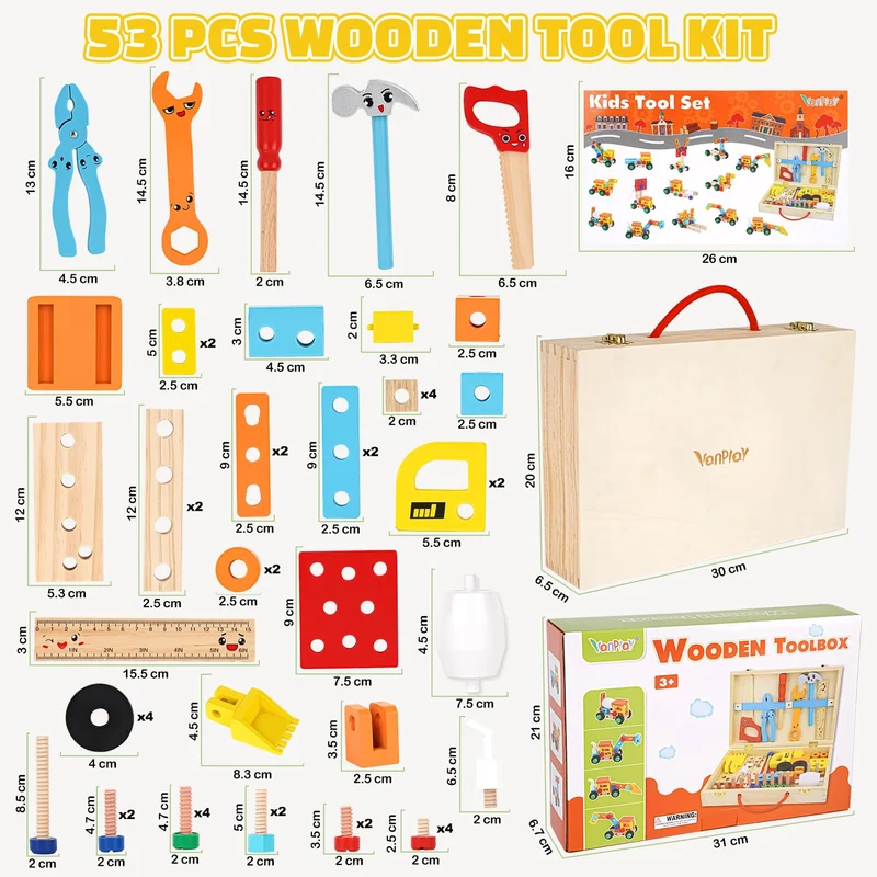 Vanplay Gioco Bambino 3 Anni Cassetta Attrezzi Bambini Giochi in Legno Attrezzi Giocattolo Giochi Educativi Giocattoli Bambino 3 4 5 Anni Regalo (53 Pezzi)