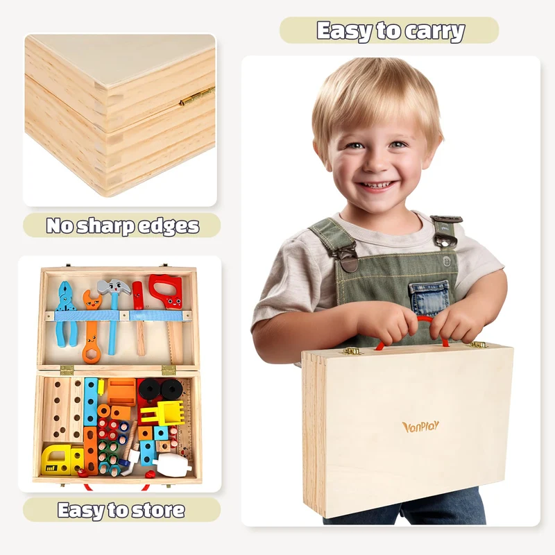 Vanplay Gioco Bambino 3 Anni Cassetta Attrezzi Bambini Giochi in Legno Attrezzi Giocattolo Giochi Educativi Giocattoli Bambino 3 4 5 Anni Regalo (53 Pezzi)